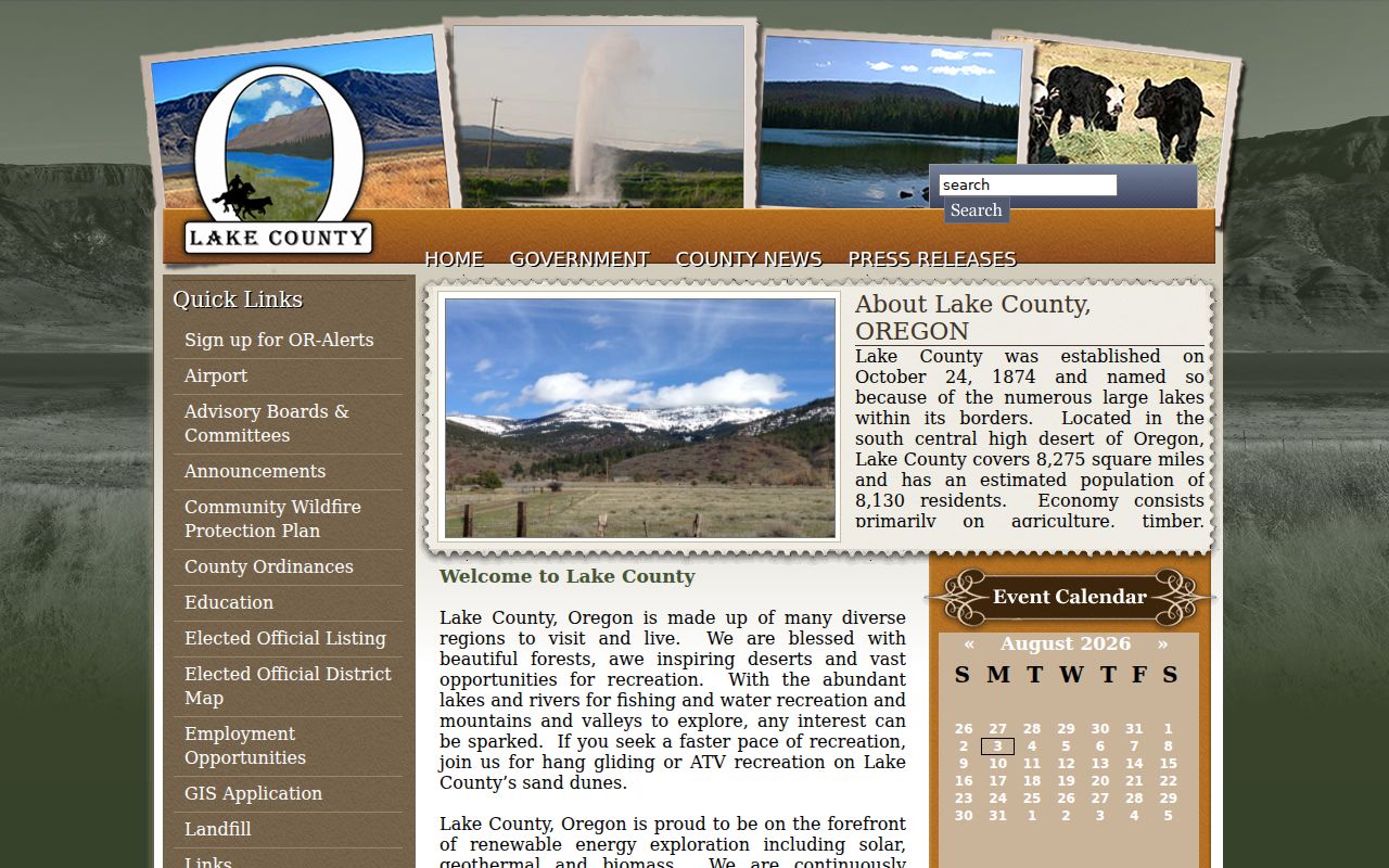 Official Lake County Oregon government website and department navigation
