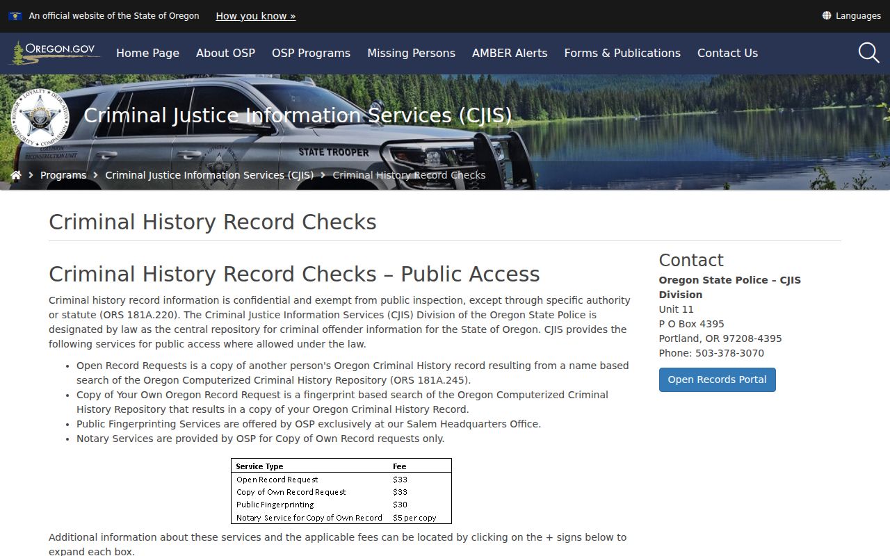 Oregon State Police criminal history services page for Lake County record requests