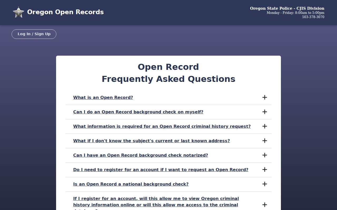 OSP Open Record FAQ showing the fee and 14-day process for Oregon criminal records